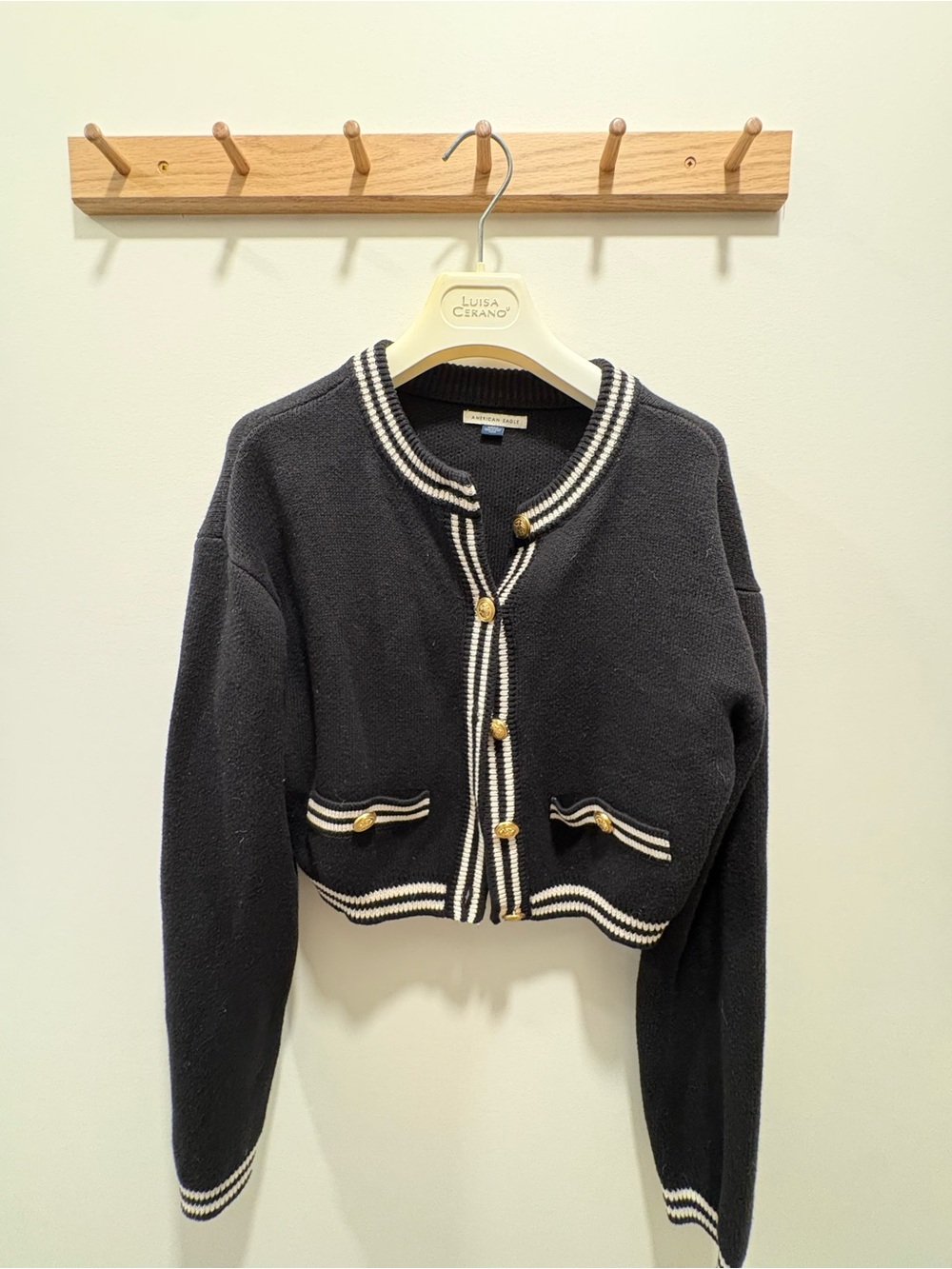 American Eagle Outfitters Navy Cropped Cardigan with White Trim